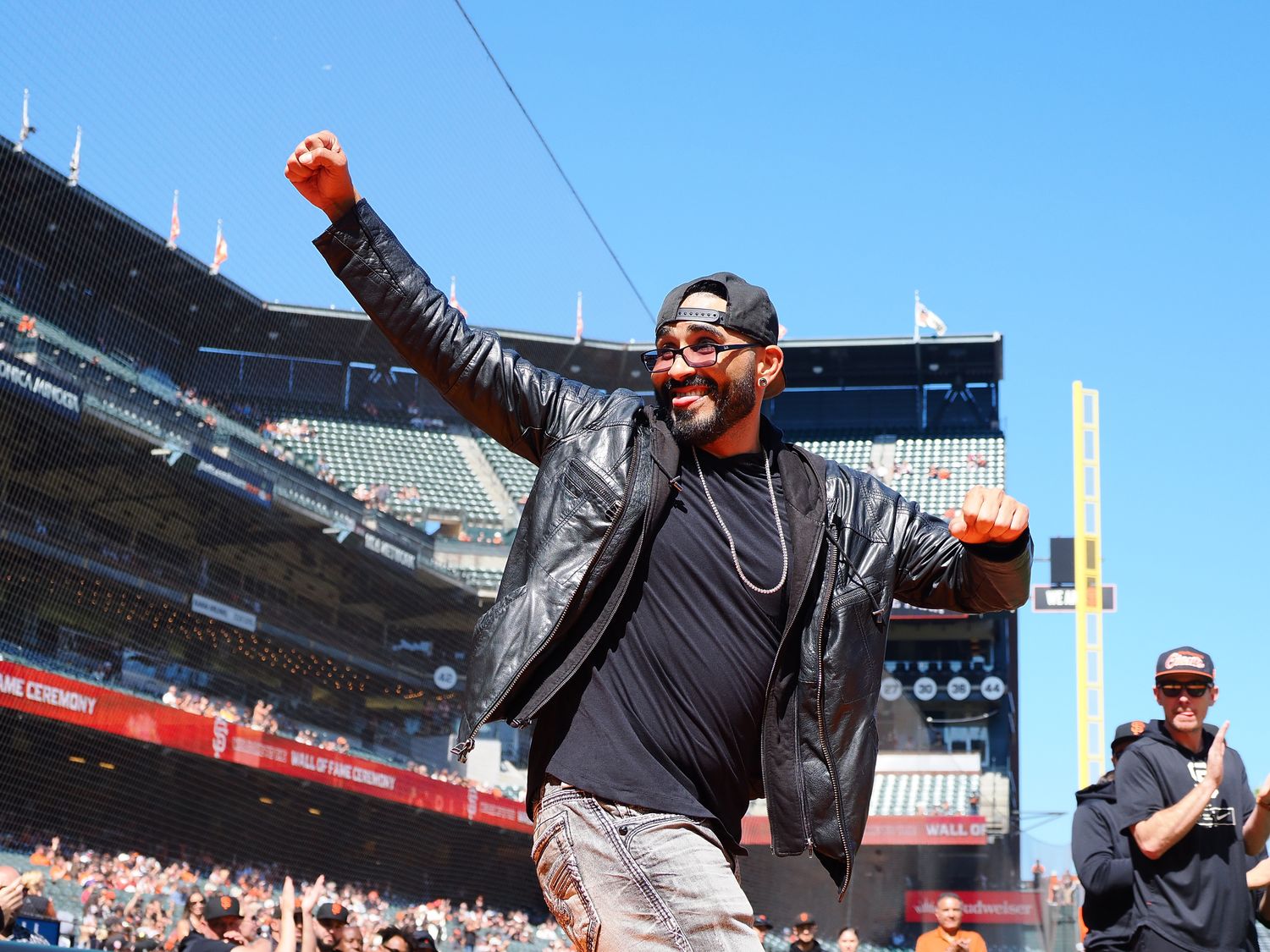 Former SF Giants player Sergio Romo is introduced during a Wall of Fame induction ceremony before the game against Atlanta at Oracle Park. (2023)